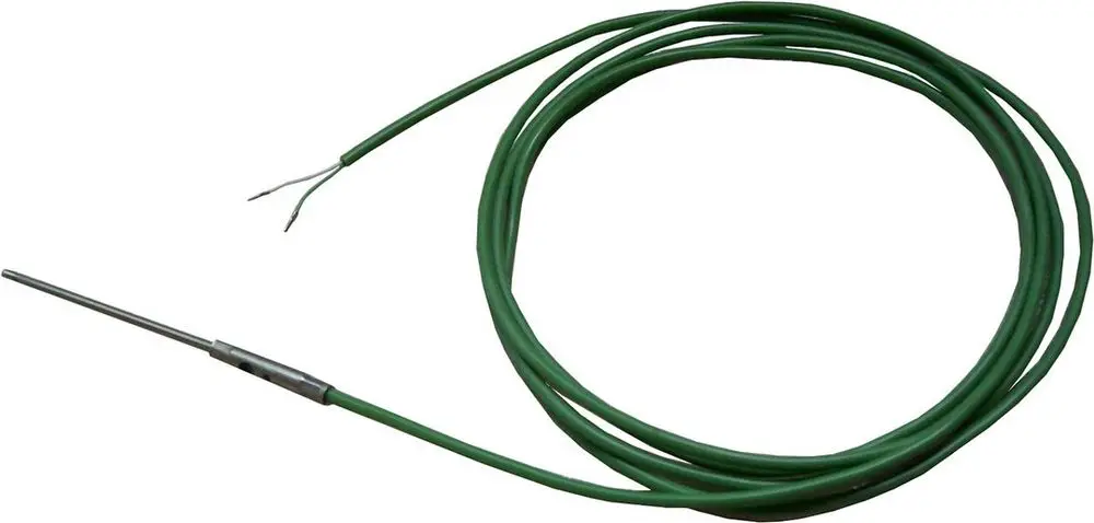 Grüner Temperaturfühler mit einem Metallendstück und zwei abisolierten Drähten. Hersteller ist Bosch.